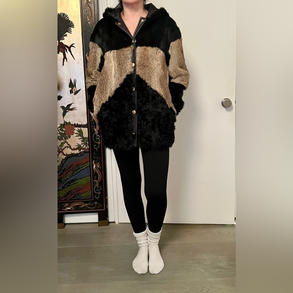 Real fur black and tan hooded jacket. Maje